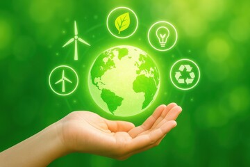 Hand holding a glowing earth symbol with icons representing renewable energy, recycling, and sustainability. Concept of environmental awareness and green technology.