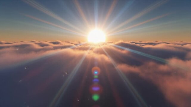 Aerial view golden sunrise above clouds light rays and lens flare effect