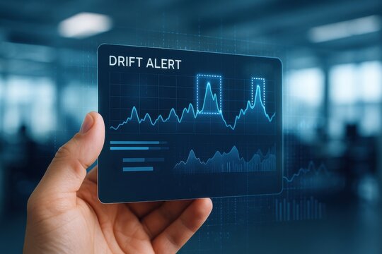 Individual analyzing digital data trend with drift alert on futuristic screen, representing risk management and real-time analytics for businesses. - Powered by Adobe