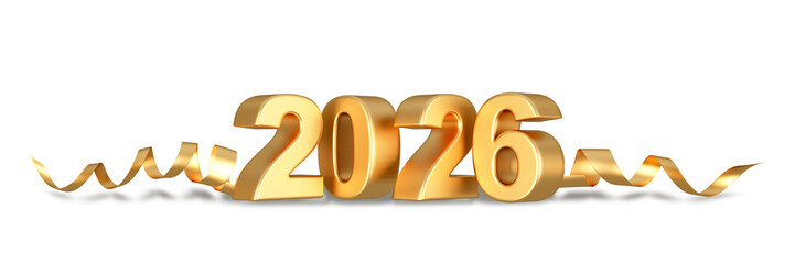 2026 text with golden ribbon in 3d rendering isolated on white
