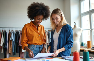 Two young women fashion designers work in studio. Collaborate with designs fabrics. African american, caucasian ladies look at sketches. Studio interior contains clothing samples. Create new
