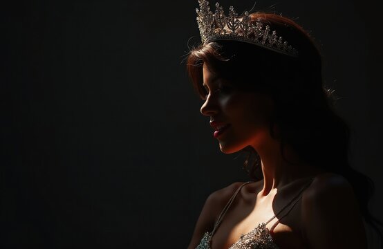 Dramatic silhouette of beauty pageant winner wearing dazzling diamond crown. Models tanned skin glows in stage light creating aura of elegance, success. Appears poised, confident, embodying glamour,