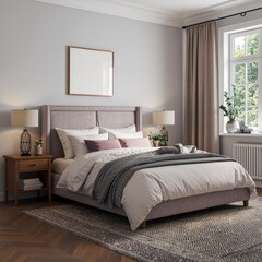 Cozy Bedroom Interior: An inviting bedroom interior, featuring a comfortable bed with elegant bedding, bedside tables with lamps, and a window that provides natural light.