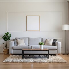 Serene Living Room: A tastefully decorated living room, bathed in natural light, showcasing a modern sofa, framed artwork, and minimalist d&eacute;cor for a tranquil ambiance.