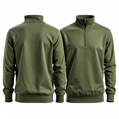 Olive green quarter-zip sweatshirt, front and back view