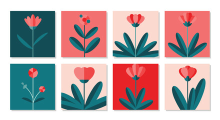 Collection of eight minimalist illustrations of stylized flowers in a geometric flat design style, perfect for modern decor.