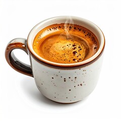 Espresso in a small, speckled ceramic cup, steam rising