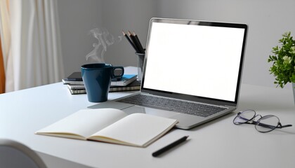 Workspace Setup: A modern workspace with an open laptop, a cup of coffee, and a notebook, creating a perfect atmosphere for productivity and creativity.