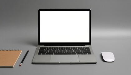 Modern Workplace Essentials: A sleek laptop with a blank screen, alongside a notepad, pencil, and mouse, epitomizes modern productivity, ready for work or creative endeavors.