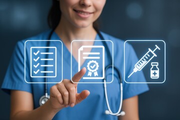 Healthcare professional interacting with digital icons representing checklists, certifications, and vaccination. Concept of digital solutions in medicine, efficiency, and patient care.