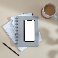 Digital Workspace: A modern workspace composition features a sleek smartphone with a blank screen, a stack of notebooks, a pencil, and a warm cup of coffee.