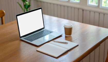 Workstation Essentials: A laptop with a blank screen sits on a wooden desk, accompanied by a notebook, pen and a cup of coffee, creating a workspace.