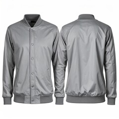 Gray, shiny, button-up jacket, front and back view