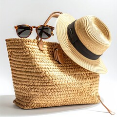 Beige straw tote bag, sunhat, and sunglasses (1)