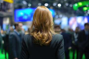 A professional woman enters a crowded conference filled with energy and ideas. It is a space where business connections and opportunities come alive.