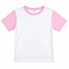 Blank, white short-sleeve t-shirt with pink accents.  Features a crew neckline and a contrasting pink trim on the sleeves