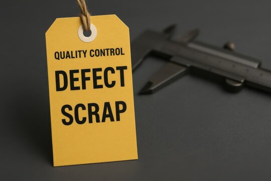 Quality control tag indicating defective scrap materials alongside a caliper tool, symbolizing precision, manufacturing standards, and the importance of quality assurance in production.