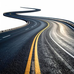 Curving road with yellow lines against a white backdrop