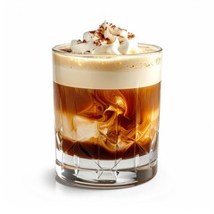 Whipped cream topped coffee drink in a crystal glass