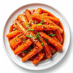 Plate of glazed carrots, topped with sesame seeds and green onions