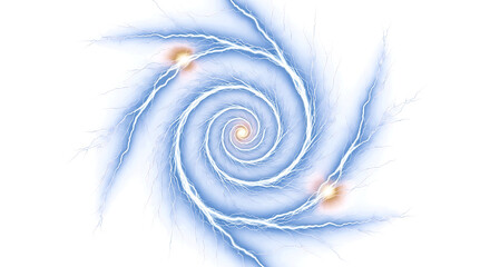 Dynamic electric vortex tunnel with bright lightning strikes and glowing energy on black background