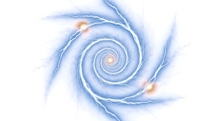 Dynamic electric vortex tunnel with bright lightning strikes and glowing energy on black background