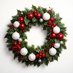 Christmas wreath featuring holly, pine, red and white ornaments