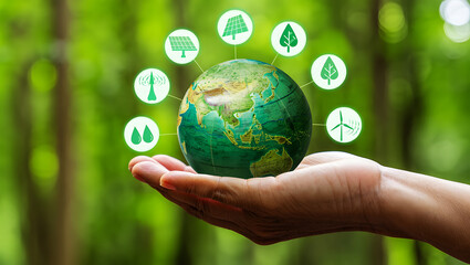 Hand Holding a Globe with Renewable Energy Icons Floating Around Keywords: hand, holding globe, earth, planet, renewable energy, solar panel, wind turbine, water