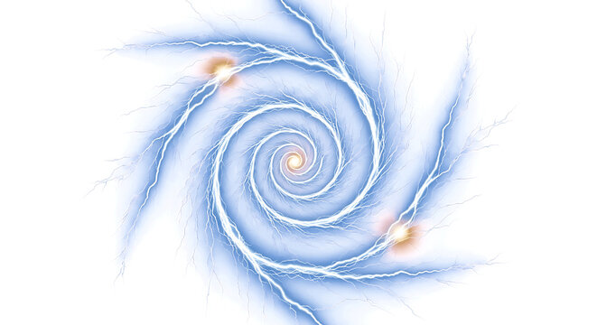 Dynamic electric vortex tunnel with bright lightning strikes and glowing energy on black background