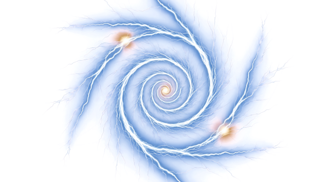 Dynamic electric vortex tunnel with bright lightning strikes and glowing energy on black background