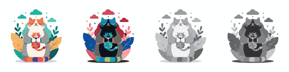 A CAT wearing a scarf, holding a cup, surrounded by leaves and snowflakes. Multiple style vector