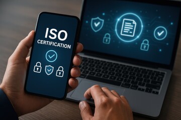 Person holding smartphone displaying ISO certification, symbolizing data security and compliance in the digital age. Concept of cybersecurity, standards, and business credibility.