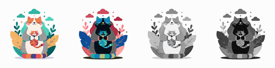 A CAT wearing a scarf, holding a cup, surrounded by leaves and snowflakes. Multiple style vector