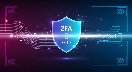Futuristic digital security concept with 2FA shield icon and circuit lines
