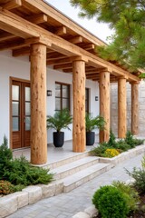 Fototapeta premium Modern house exterior with rustic wooden porch columns