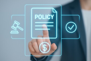 Business professional interacting with a digital policy document, emphasizing legality and approval processes in financial transactions. Concept of compliance and digital governance.