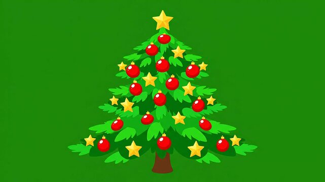Stylized cartoon christmas tree illustration featuring red ornaments and gold star on solid green background holiday celebration