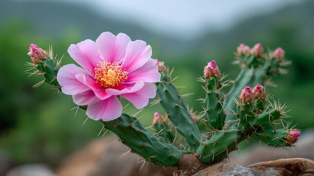 Pink prickly pear cactus flower blooming in nature