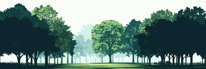 Naklejka premium Landscape vector illustration of various green tree silhouettes in park alley with distant foggy forest background in flat minimalist style