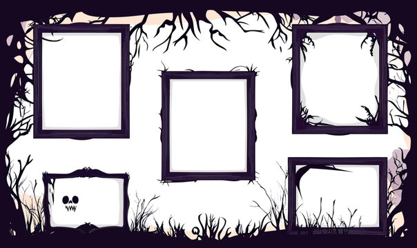 Spooky dark Halloween frame borders with twisted branches and creepy skull for photo or text placement in flat vector style