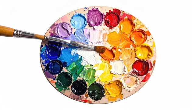 Round paint palette with vibrant colors. A paintbrush dips into a section of white pigment