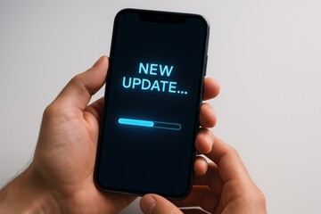 Person holding a smartphone displaying a 'New Update' loading screen. Concept of technology advancement, digital progress, and the importance of software updates in modern communication.