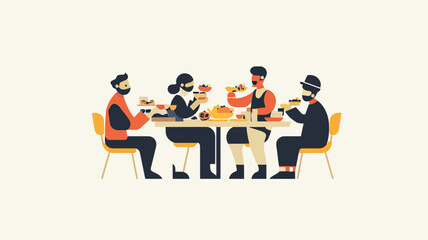 Group of four diverse people sitting at table enjoying various food dishes in flat minimalist vector illustration style with warm colors and casual setting