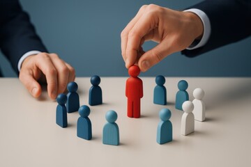Business decision-making represented by an executive selecting a red figurine among blue and white ones on a table. Concept of leadership, strategy, and team dynamics in corporate culture.