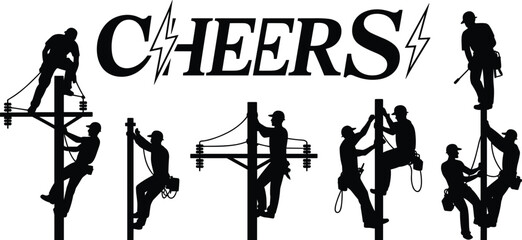 Silhouettes of linemen working on utility poles with the word C H E R S lineman electrician