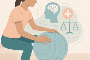 Individual engaging in balance training on an exercise ball, highlighting mental health, wellness, and physical fitness. Concept of holistic health and mindfulness practices.