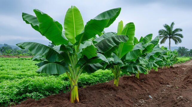 Banana trees growing in fertile soil plantation field