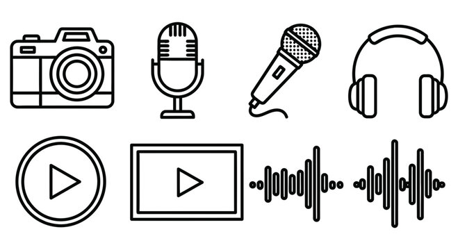 Camera microphone headphones play media sound wave audio record podcast equipment studio technology vector set