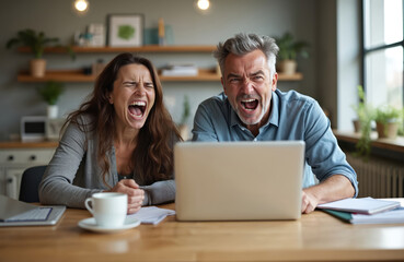 Middle-aged couple at table look furious angry. They scream at laptop. Partners express negative emotions frustration. Business, online, work, home. Stress, problems, failure concept