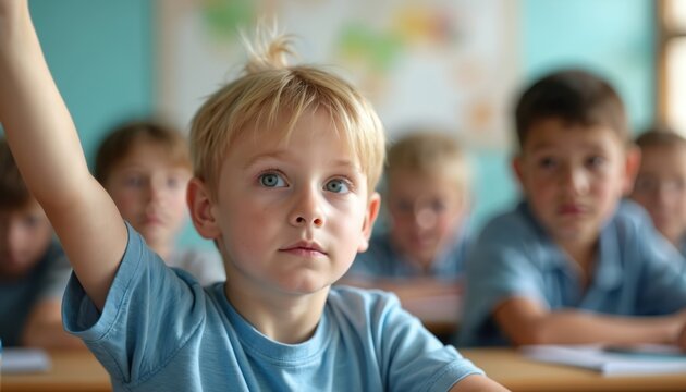 Young blond boy with raised hand in classroom. Focused student wants answer question during lesson. Other kids listen attentively in academic environment, back to school. - Powered by Adobe